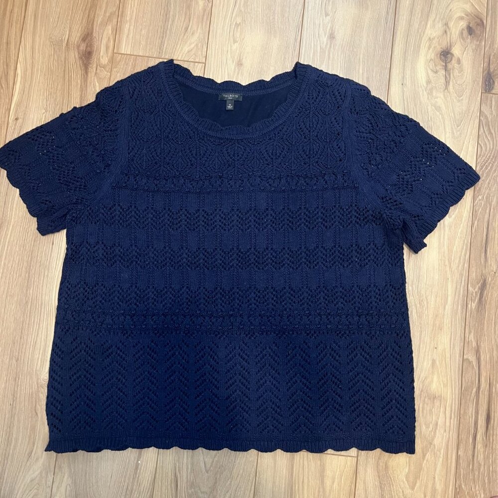 Talbots Textured Linen Blend Sweater Navy Blue Short Sleeve Knit Plus Size 1X
